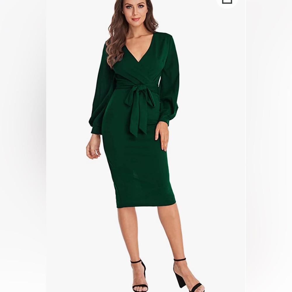Long sleeve faux wrap midi dress
